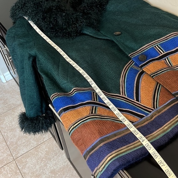 Penny Lane handpainted boho coat, mohair & leather mongolian fur shaggy collar,L - Picture 7 of 15